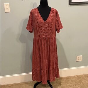 BloomChic Terracotta Crochet Accent Midi Dress